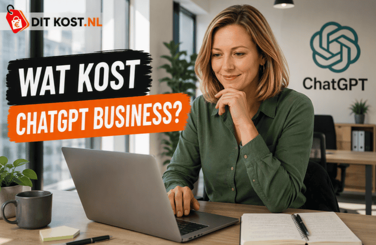Ditkost.nl-afbeelding over de kosten van ChatGPT Business. Een fictief persoon werkt in een moderne kantooromgeving en kijkt naar een laptopscherm. Op de achtergrond is een groot ChatGPT-logo zichtbaar. Links staat de titel “Wat kost ChatGPT Business?” in de herkenbare Ditkost.nl-stijl.