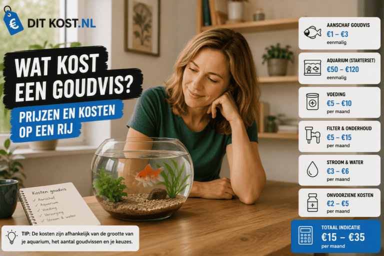 Wat kost een goudvis? Overzichtsafbeelding met een goudvis in een aquarium en indicatieve kosten voor aanschaf, aquarium, voeding en onderhoud.