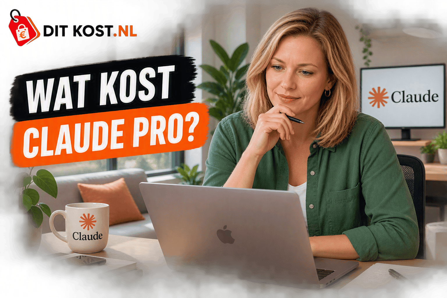 Ditkost.nl-afbeelding over de kosten van Claude Pro. Een fictief persoon zit in een moderne en lichte werkruimte, kijkt nadenkend naar een laptop en houdt een pen vast. Op de achtergrond is het Claude-logo zichtbaar op een monitor. Links staat de titel “Wat kost Claude Pro?”.