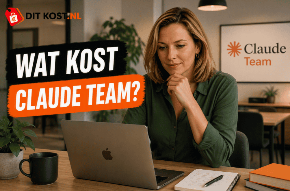 Vrouw werkt op laptop met tekst 'Wat kost Claude team?' op achtergrond.