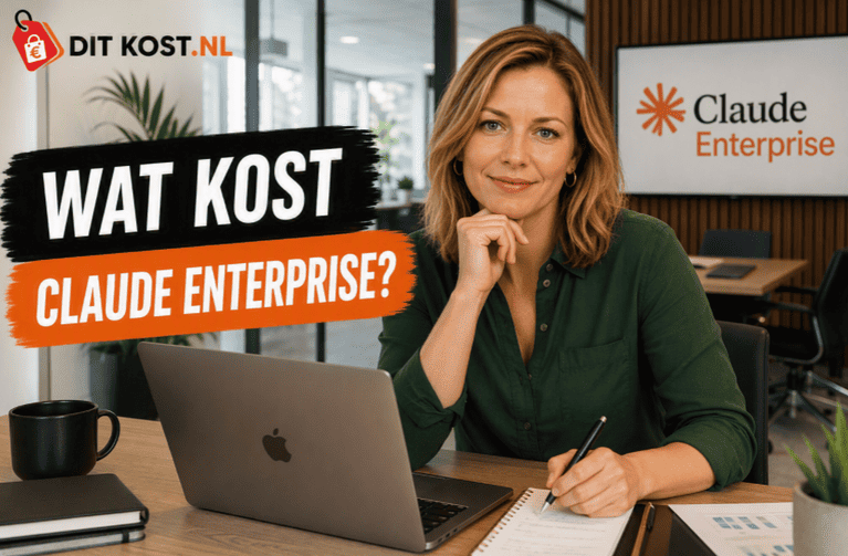 Ditkost.nl-afbeelding over de kosten van Claude Enterprise. Een fictief persoon zit in een moderne vergaderruimte en kijkt recht in de camera terwijl deze aantekeningen maakt naast een laptop. Op de achtergrond is een Claude Enterprise-logo zichtbaar. Links staat de titel “Wat kost Claude Enterprise?”.