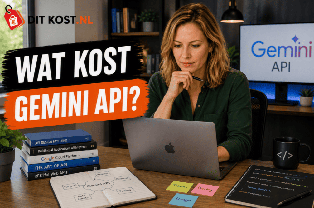 Ditkost.nl-afbeelding over de kosten van Gemini API. Een fictief persoon zit in een ontwikkelaarswerkruimte en kijkt geconcentreerd naar een laptop terwijl een pen wordt vastgehouden. Op de achtergrond is een scherm met het Gemini API-logo zichtbaar. Links staat de titel “Wat kost Gemini API?”.