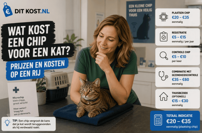 Wat kost een chip voor een kat? Overzichtsafbeelding met een kat bij de dierenarts en een kostenindicatie voor het chippen en registreren van een kat.