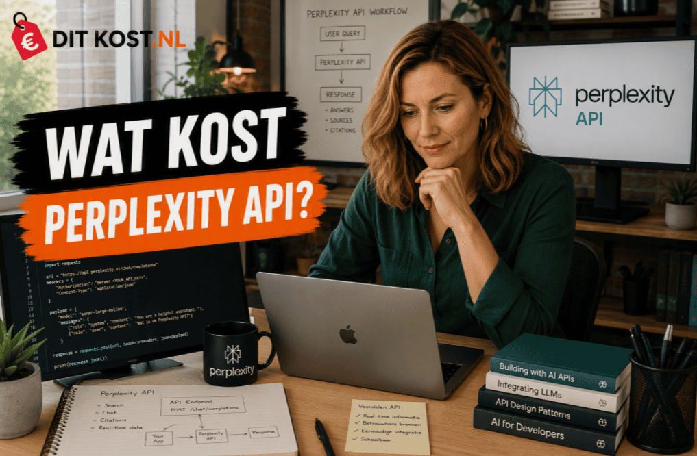 Ditkost.nl-afbeelding over de kosten van Perplexity API. Sanne zit achter een laptop in een moderne ontwikkelruimte en kijkt naar het scherm. Daarnaast toont een monitor programmeercode en op de achtergrond staat het Perplexity API-logo. Links staat de titel “Wat kost Perplexity API?”.