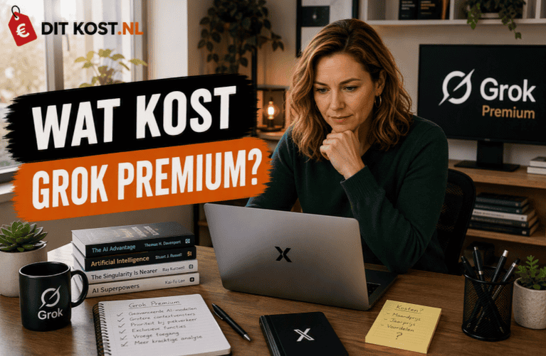 Ditkost.nl-afbeelding over de kosten van Grok Premium. Sanne zit in een lichte AI-werkruimte achter een laptop en kijkt naar het scherm, met één hand onder de kin. Op de achtergrond staat een monitor met het Grok Premium-logo. Links staat de titel “Wat kost Grok Premium?”.