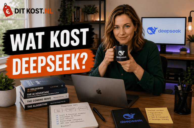 Ditkost.nl-afbeelding over de kosten van DeepSeek. Sanne zit in een moderne AI-werkruimte achter een laptop, houdt een mok vast en kijkt recht in de camera. Op de achtergrond staat een monitor met het DeepSeek-logo. Links staat de titel “Wat kost DeepSeek?”.