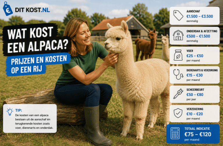 Wat kost een alpaca? Overzichtsafbeelding met een alpaca op een boerderij en een kostenindicatie voor aanschaf, onderdak, voer en verzorging.