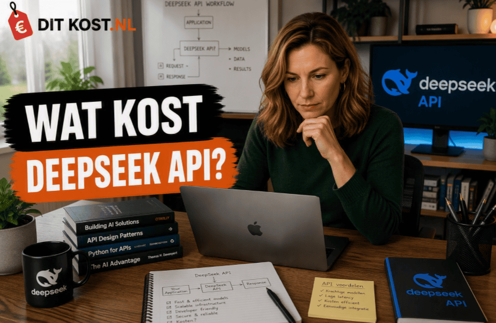 Ditkost.nl-afbeelding over de kosten van DeepSeek API. Sanne zit in een moderne ontwikkelruimte achter een laptop en kijkt naar het scherm. Op de achtergrond zijn een DeepSeek API-workflow en een monitor met het DeepSeek API-logo zichtbaar. Links staat de titel “Wat kost DeepSeek API?”.
