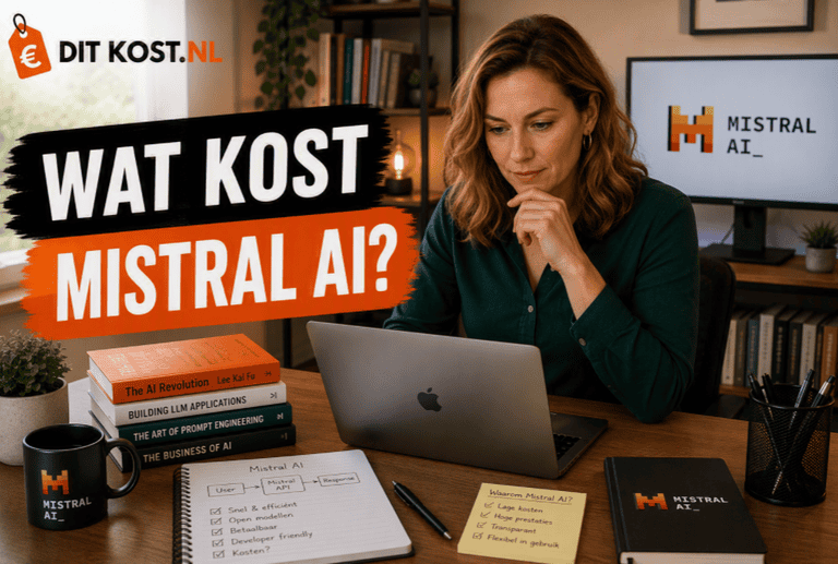 Ditkost.nl-afbeelding over de kosten van Mistral AI. Sanne zit in een moderne AI-werkruimte achter een laptop en kijkt geconcentreerd naar het scherm. Op de achtergrond staat een monitor met het Mistral AI-logo. Links staat de titel “Wat kost Mistral AI?”.
