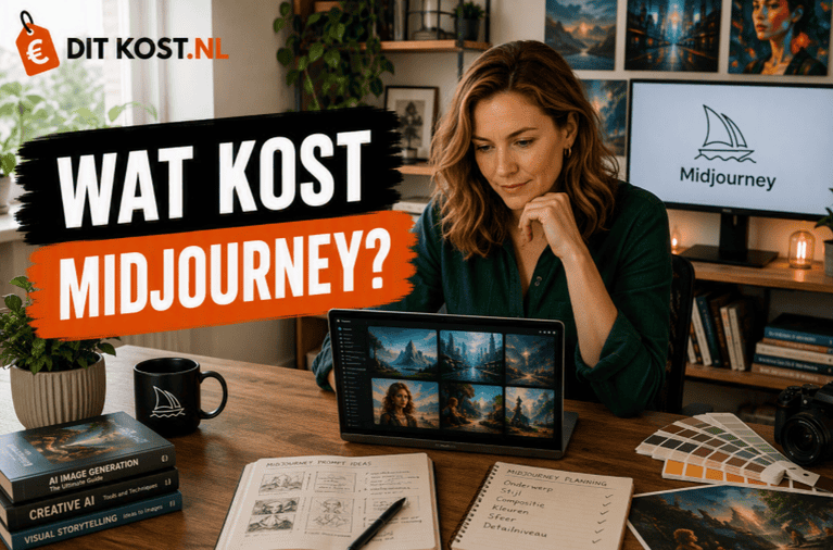 Ditkost.nl-afbeelding over de kosten van Midjourney. Sanne zit in een creatieve thuiswerkruimte aan een grote houten tafel en bekijkt kunstmatige intelligentie-afbeeldingen op een laptop. Op de achtergrond staat een monitor met het Midjourney-logo en diverse digitale kunstwerken. Links staat de titel “Wat kost Midjourney?”.