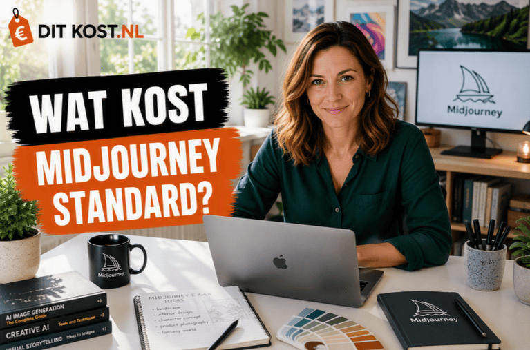 Ditkost.nl-afbeelding over de kosten van Midjourney Standard. Een fictief persoon zit in een lichte creatieve thuiswerkruimte achter een laptop en kijkt recht in de camera. Op de achtergrond staat een monitor met het Midjourney-logo. Links staat de titel “Wat kost Midjourney Standard?”.