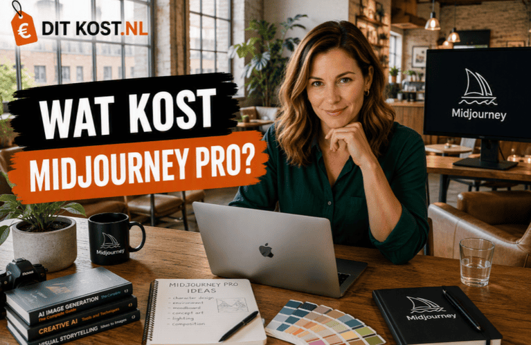 Ditkost.nl-afbeelding over de kosten van Midjourney Pro. Een fictief persoon zit achter een laptop in een moderne creatieve studio met industriële uitstraling en kijkt recht in de camera. Op de achtergrond staat een monitor met het Midjourney-logo. Links staat de titel “Wat kost Midjourney Pro?”.
