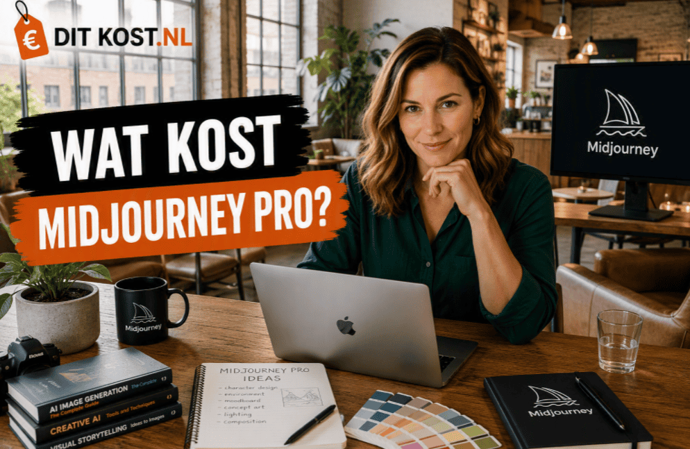 Ditkost.nl-afbeelding over de kosten van Midjourney Pro. Een fictief persoon zit achter een laptop in een moderne creatieve studio met industriële uitstraling en kijkt recht in de camera. Op de achtergrond staat een monitor met het Midjourney-logo. Links staat de titel “Wat kost Midjourney Pro?”.