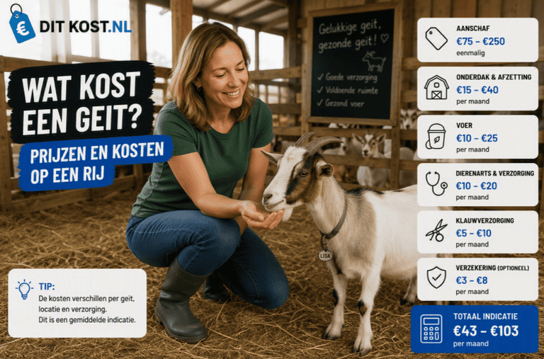Wat kost een geit? Overzichtsafbeelding met een geit in een geitenstal en indicatieve kosten voor aanschaf, voer, onderdak en verzorging.
