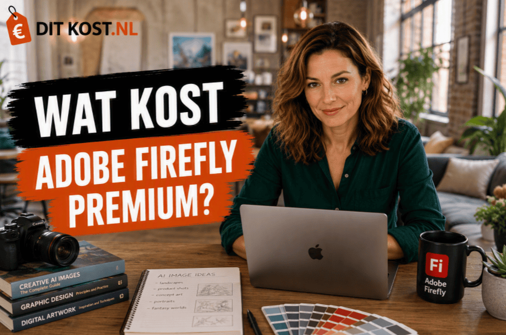 Ditkost.nl-afbeelding over de kosten van Adobe Firefly Premium. Een fictief persoon zit achter een laptop in een lichte woonstudio en kijkt in de camera. Op tafel liggen creatieve boeken, een camera, kleurstalen en een mok met Adobe Firefly-opdruk. Links staat de titel “Wat kost Adobe Firefly Premium?”.