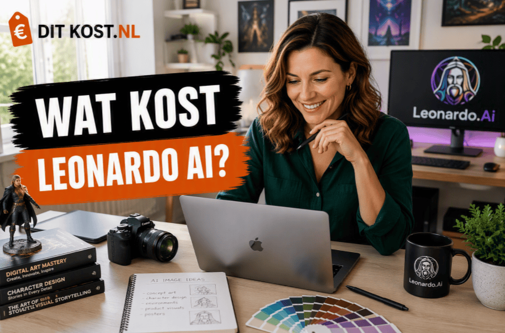 Ditkost.nl-afbeelding over de kosten van Leonardo AI. Sanne zit in een lichte AI-kunststudio achter een laptop en kijkt glimlachend naar het scherm terwijl ze een pen vasthoudt. Op de achtergrond staat een monitor met het Leonardo AI-logo. Links staat de titel “Wat kost Leonardo AI?”.