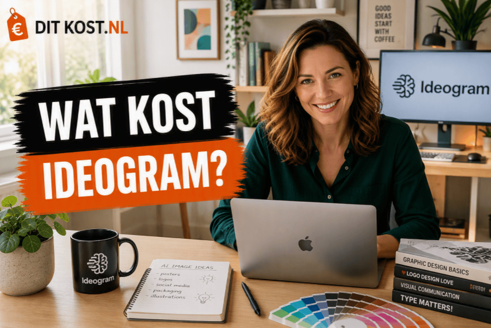 Ditkost.nl-afbeelding over de kosten van Ideogram. Sanne zit in een lichte thuiswerkruimte achter een laptop en kijkt lachend rechtstreeks in de camera. Op de achtergrond staat een monitor met het Ideogram-logo. Links staat de titel “Wat kost Ideogram?”.