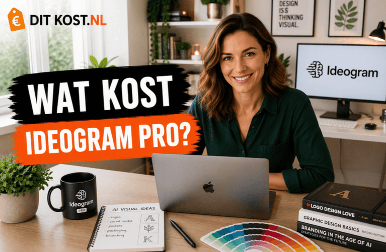 Ditkost.nl-afbeelding over de kosten van Ideogram Pro. Sanne zit achter een laptop in een lichte thuiswerkruimte en kijkt rechtstreeks in de camera. Op de achtergrond staat een monitor met het Ideogram-logo. Links staat de titel “Wat kost Ideogram Pro?”.