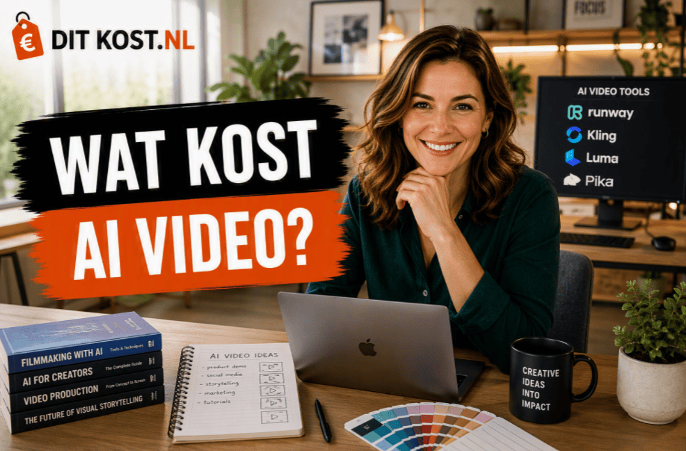 Ditkost.nl-afbeelding over de kosten van AI-video. Sanne zit in een modern creatief kantoor achter een laptop en kijkt lachend rechtstreeks in de camera. Op een monitor op de achtergrond staan AI-videotools zoals Runway, Kling, Luma en Pika. Links staat de titel “Wat kost AI video?”.