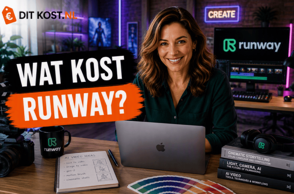 Ditkost.nl-afbeelding over de kosten van Runway. Sanne zit in een creatieve videostudio achter een laptop en kijkt lachend rechtstreeks in de camera. Op de achtergrond is een professionele video-editor werkplek met het Runway-logo zichtbaar. Links staat de titel “Wat kost Runway?”.