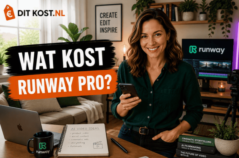 Ditkost.nl-afbeelding over de kosten van Runway Pro. Sanne staat met een smartphone in de hand in een lichte thuiswerkruimte en kijkt lachend naar de camera. Op de achtergrond staan een videomontagescherm met het Runway-logo en een camera. Links staat de titel “Wat kost Runway Pro?”.
