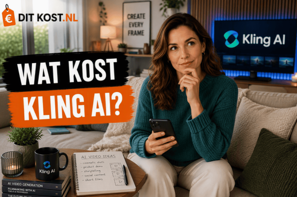 Ditkost.nl-afbeelding over de kosten van Kling AI. Sanne zit met een smartphone op de bank in een sfeervolle woonkamer en kijkt nadenkend opzij. Op de achtergrond staat een scherm met het Kling AI-logo. Links staat de titel “Wat kost Kling AI?”.