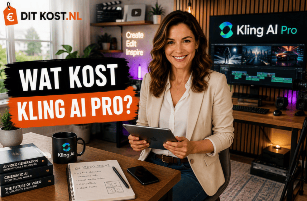 Ditkost.nl-afbeelding over de kosten van Kling AI Pro. Sanne zit in een moderne contentcreator-studio, houdt een tablet vast en kijkt lachend rechtstreeks in de camera. Op de achtergrond staat een groot scherm met het Kling AI Pro-logo en videoprojecten. Links staat de titel “Wat kost Kling AI Pro?”.