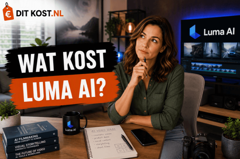 Ditkost.nl-afbeelding over de kosten van Luma AI. Sanne zit aan een bureau in een moderne creatieve videoruimte, houdt een pen tegen haar kin en kijkt nadenkend omhoog. Op de achtergrond staat een groot scherm met het Luma AI-logo. Links staat de titel “Wat kost Luma AI?”.