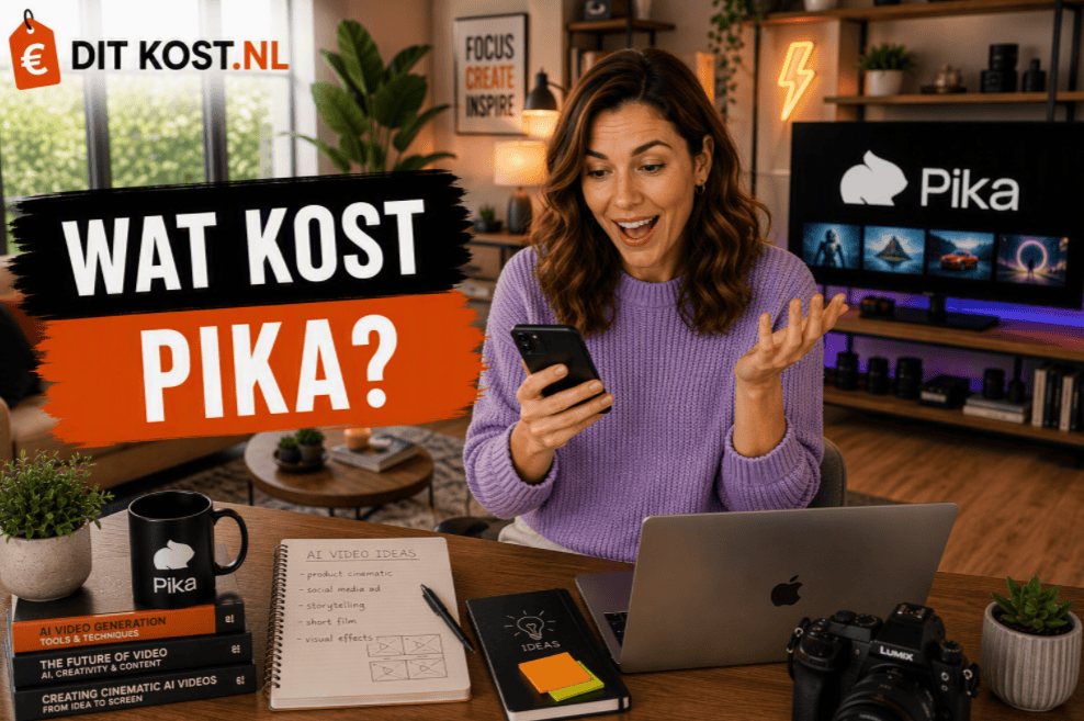 Ditkost.nl-afbeelding over de kosten van Pika. Sanne zit in een lichte creatieve thuisstudio, bekijkt een smartphone en maakt een verrast gebaar. Op de achtergrond staat een groot scherm met het Pika-logo en verschillende videoframes. Links staat de titel “Wat kost Pika?”.