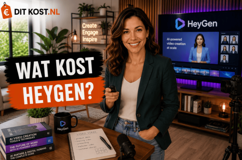 Ditkost.nl-afbeelding over de kosten van HeyGen. Sanne staat in een moderne thuisstudio, houdt een presentatieafstandsbediening vast en kijkt lachend in de camera. Op de achtergrond staat een scherm met het HeyGen-logo en een AI-avatar. Links staat de titel “Wat kost HeyGen?”.