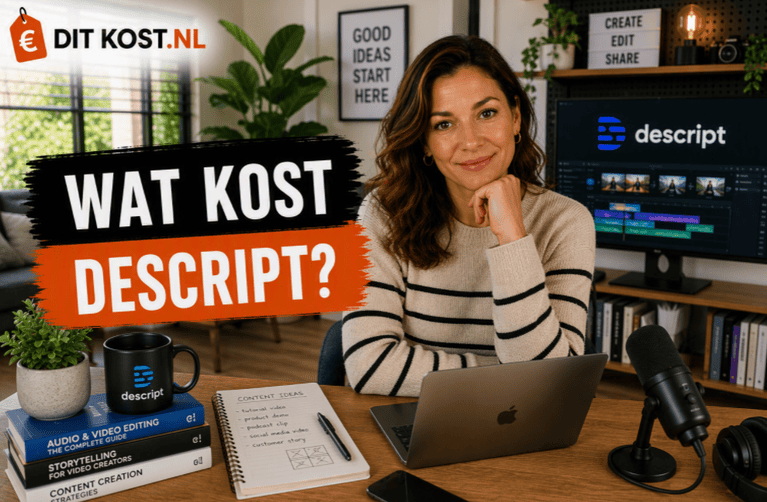 Ditkost.nl-afbeelding over de kosten van Descript. Sanne zit achter een laptop in een moderne thuiswerkruimte voor podcasting en videobewerking. Op de achtergrond staat een scherm met het Descript-logo. Links staat de titel “Wat kost Descript?”.