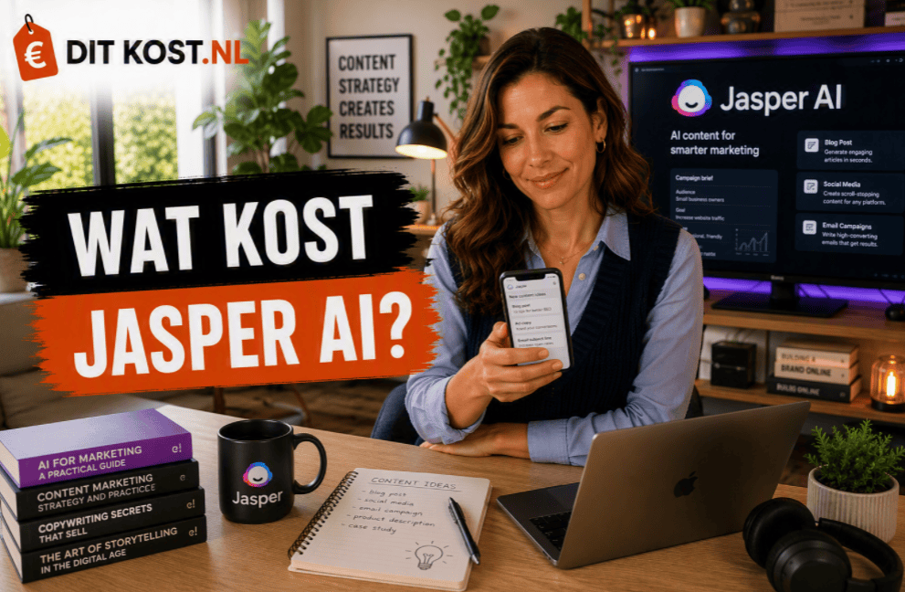 Ditkost.nl-afbeelding over de kosten van Jasper AI. Sanne zit in een moderne marketing- en contentwerkruimte, houdt een smartphone vast en kijkt naar het scherm. Op de achtergrond staat een monitor met het Jasper AI-logo en contentgerichte AI-projecten. Links staat de titel “Wat kost Jasper AI?”.
