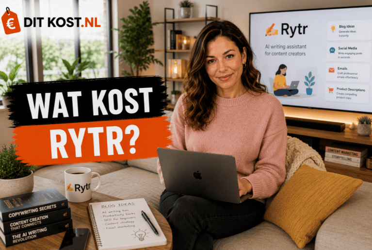 Ditkost.nl-afbeelding over de kosten van Rytr. Sanne zit op een comfortabele bank in een moderne thuiswerkruimte en werkt op een laptop die op schoot staat. Op de achtergrond staat een scherm met het Rytr-logo. Links staat de titel “Wat kost Rytr?”.