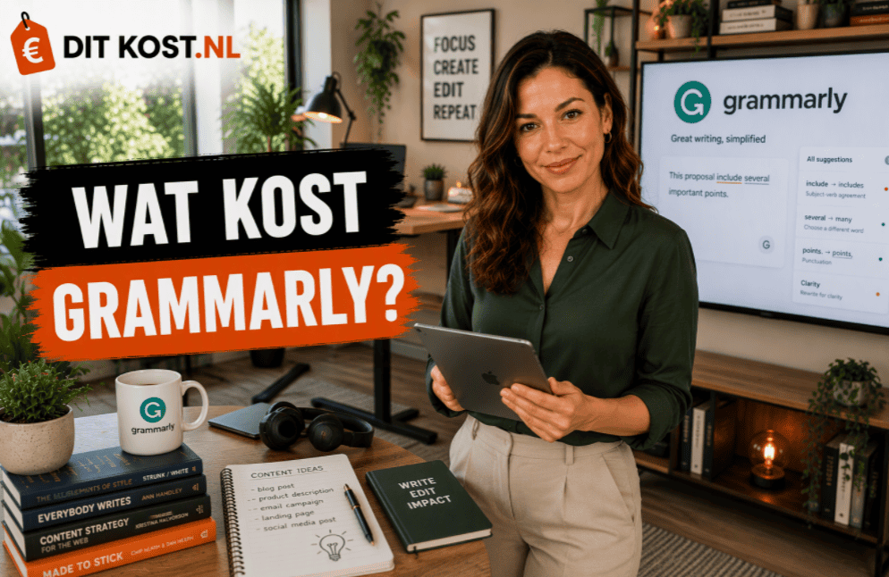 Ditkost.nl-afbeelding over de kosten van Grammarly. Sanne staat met een tablet in een lichte thuiswerkruimte en kijkt rechtstreeks in de camera. Op de achtergrond toont een scherm het Grammarly-logo en verschillende schrijfsuggesties. Links staat de titel “Wat kost Grammarly?”.