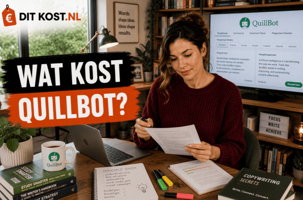 Ditkost.nl-afbeelding over de kosten van QuillBot. Sanne zit in een studeerkamer aan een houten bureau en controleert met een pen een afgedrukt document. Op de achtergrond toont een scherm het QuillBot-logo en een voorbeeld van de parafrasefunctie. Links staat de titel “Wat kost QuillBot?”.