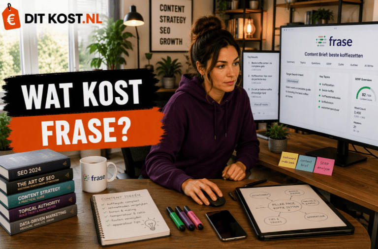 Ditkost.nl-afbeelding over de kosten van Frase. Sanne zit in een moderne SEO-werkruimte achter een bureau met twee schermen en werkt aan contentonderzoek. Op de achtergrond staat het Frase-logo en een contentbriefing-dashboard. Links staat de titel “Wat kost Frase?”.
