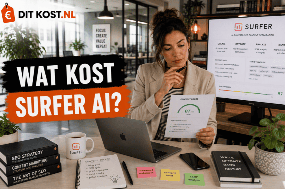 Ditkost.nl-afbeelding over de kosten van Surfer AI. Sanne zit in een modern kantoor achter een laptop en bestudeert een afgedrukt rapport met een contentscore. Op de achtergrond toont een groot scherm het Surfer-logo en een dashboard voor SEO-contentoptimalisatie. Links staat de titel “Wat kost Surfer AI?”.