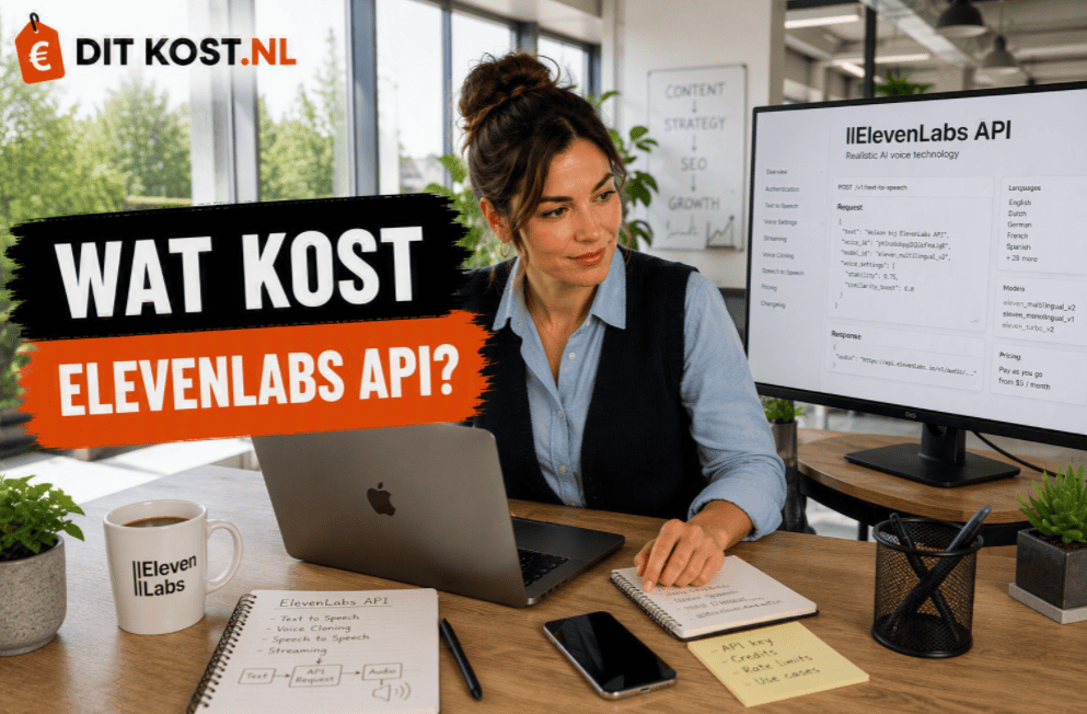 Ditkost.nl-afbeelding over de kosten van ElevenLabs API. Sanne zit in een lichte, moderne ontwikkelaarswerkruimte met grote ramen en veel daglicht. Op een scherm staat het ElevenLabs API-logo met codevoorbeelden en API-verzoeken. Links staat de titel “Wat kost ElevenLabs API?”.