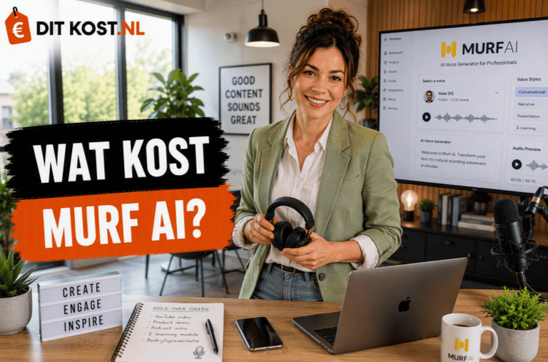 Ditkost.nl-afbeelding over de kosten van Murf AI. Sanne staat in een lichte en moderne creatieve kantoorruimte met veel daglicht en houdt een draadloze koptelefoon vast. Op de achtergrond staat een groot scherm met het Murf AI-logo en een voice-over project. Links staat de titel “Wat kost Murf AI?”.