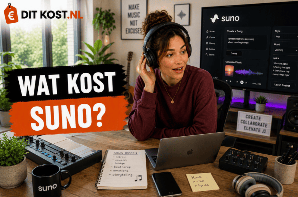 Ditkost.nl-afbeelding over de kosten van Suno. Sanne zit in een moderne muziekstudio aan een bureau met een midi-keyboard en bekijkt nieuwsgierig een scherm met een gegenereerd muziekproject. Op de achtergrond staat het Suno-logo zichtbaar. Links staat de titel “Wat kost Suno?”.