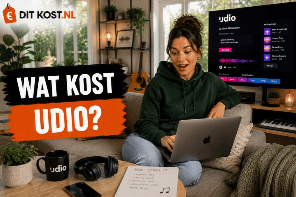 Ditkost.nl-afbeelding over de kosten van Udio. Sanne zit in een moderne creatieve muziekruimte op een comfortabele bank met een laptop op schoot. Op de achtergrond staat een groot scherm met het Udio-logo en een AI-muziekproject. Links staat de titel “Wat kost Udio?”.