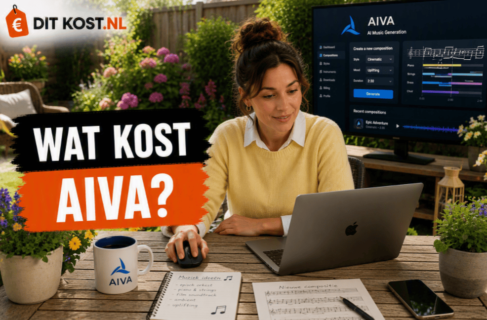Ditkost.nl-afbeelding over de kosten van AIVA. Sanne zit in een zonnige achtertuin aan een houten tuintafel met een laptop voor zich. Op de achtergrond staat een scherm met het AIVA-logo en een AI-compositie-interface. Links staat de titel “Wat kost AIVA?”.
