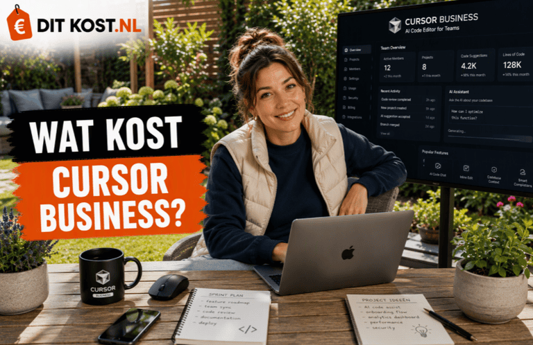 Ditkost.nl-afbeelding over de kosten van Cursor Business. Sanne zit buiten aan een houten tuintafel met een laptop en kijkt lachend in de camera. Op de achtergrond staat een scherm met het Cursor Business-dashboard. Links staat de titel “Wat kost Cursor Business?”.