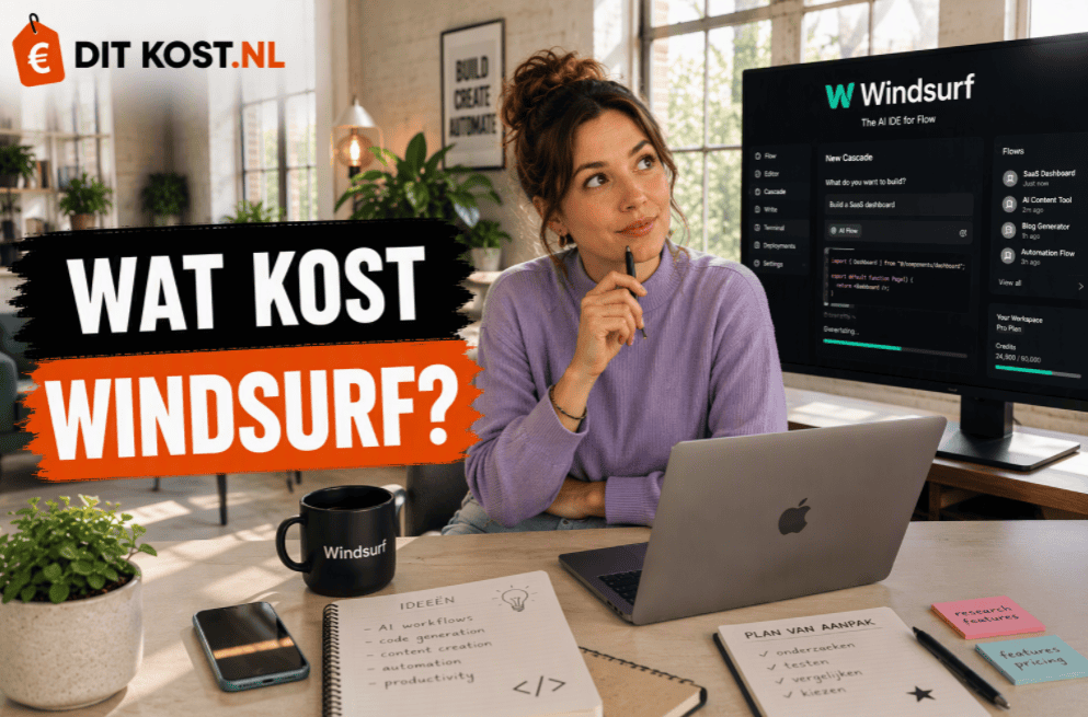 Ditkost.nl-afbeelding over de kosten van Windsurf. Sanne zit in een moderne, lichte ontwikkelaarswerkruimte achter een laptop en kijkt nadenkend schuin omhoog terwijl een pen wordt vastgehouden. Op de achtergrond staat een monitor met het Windsurf-logo en een AI-codeworkflow. Links staat de titel “Wat kost Windsurf?”.