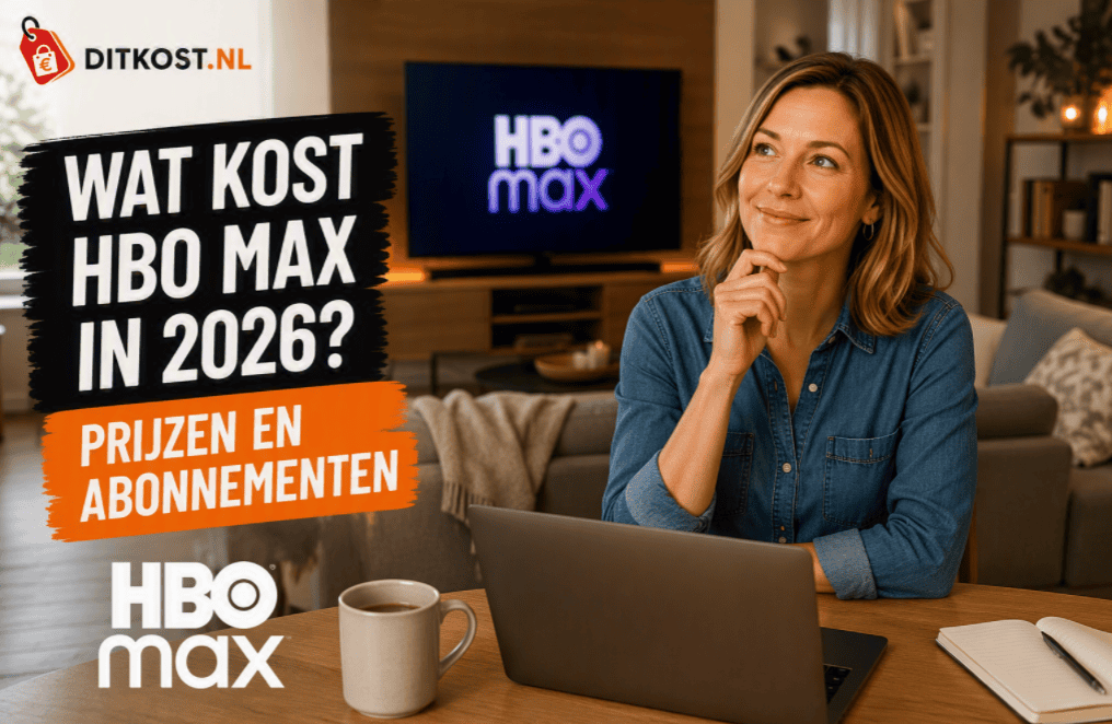 Wat kost HBO Max in 2026? Uitgelichte Ditkost.nl-afbeelding met een persoon aan een tafel met laptop in een woonkamer, terwijl op de achtergrond HBO Max op een televisie wordt weergegeven.