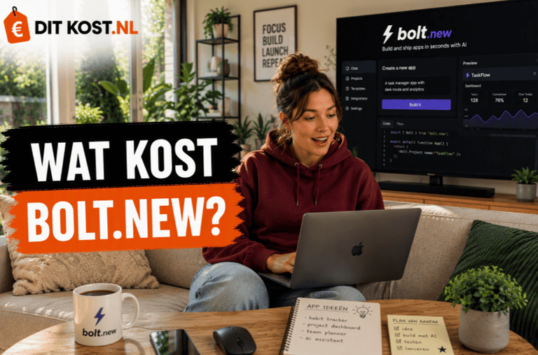 Ditkost.nl-afbeelding over de kosten van Bolt.new. Sanne zit ontspannen op een moderne bank met een laptop op schoot en kijkt verrast naar het scherm. Op de achtergrond staat een groot scherm met het Bolt.new-logo en een AI-appbouwer. Links staat de titel “Wat kost Bolt.new?”.