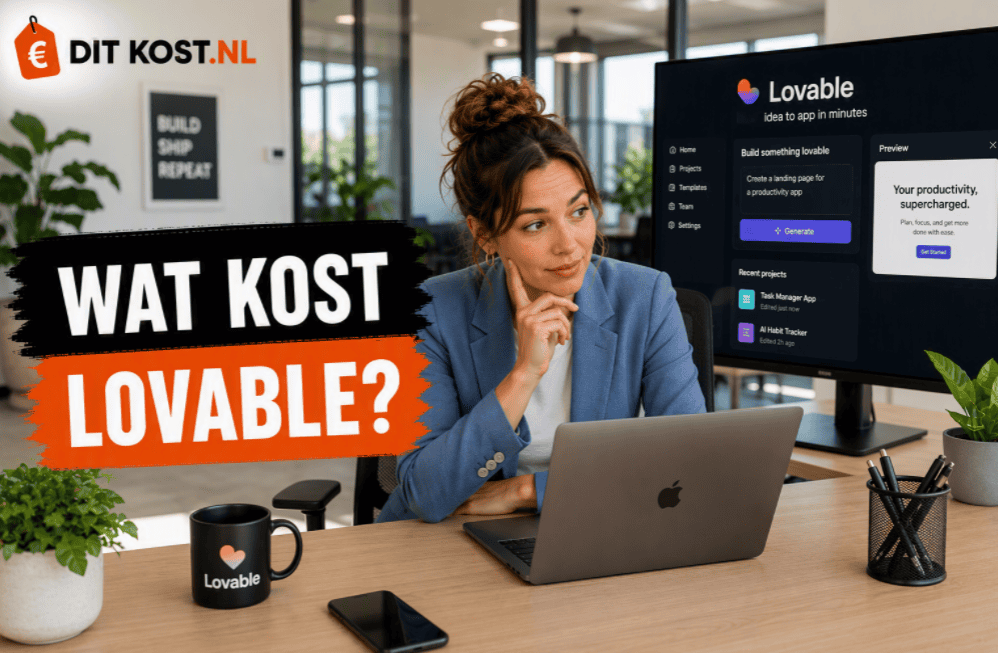 Ditkost.nl-afbeelding over de kosten van Lovable. Sanne zit in een licht, modern kantoor achter een laptop en kijkt opzij. Op de achtergrond staat een scherm met het Lovable-logo en een AI-appbouwer.