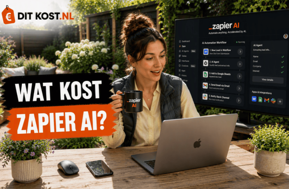 Ditkost.nl-afbeelding over de kosten van Zapier AI. Sanne zit buiten in een zonnige, moderne tuin aan een houten tuintafel met een laptop voor zich. Op de achtergrond staat een scherm met het Zapier AI-logo en geautomatiseerde workflows. Links staat de titel “Wat kost Zapier AI?”.
