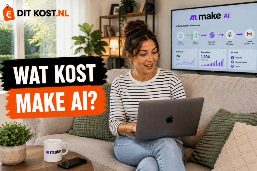 Ditkost.nl-afbeelding over de kosten van Make AI. Sanne zit thuis op de bank met een laptop op schoot. Op de achtergrond toont een scherm het Make AI-logo en geautomatiseerde workflows.