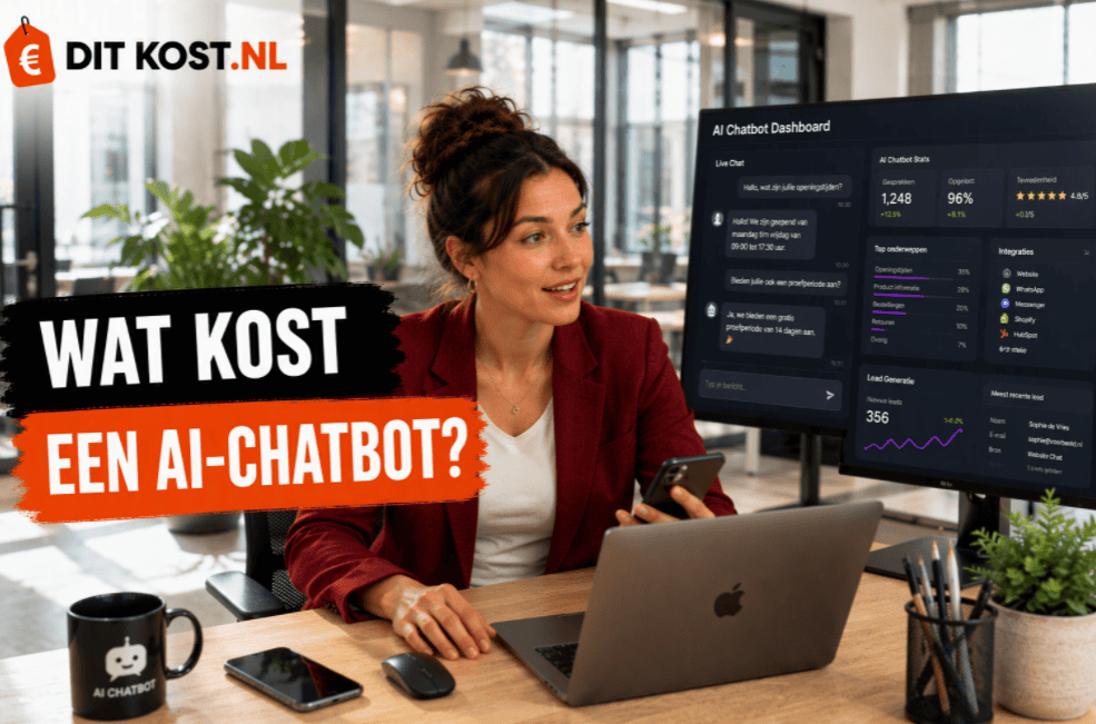 Ditkost.nl-afbeelding over de kosten van een AI-chatbot. Een persoon zit in een modern kantoor achter een bureau en bekijkt een scherm met chatbotgesprekken, AI-antwoorden en klantvragen. Links staat de titel “Wat kost een AI-chatbot?”.